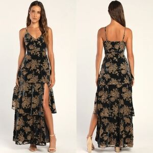 Lulus I Love You Amore Slate Blue Floral Velvet Tiered Maxi Dress S Wedding